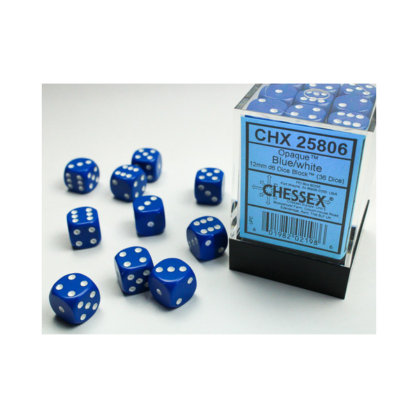 Opaque 12mm D6 Blue/white Dice Block™ (36 dice)