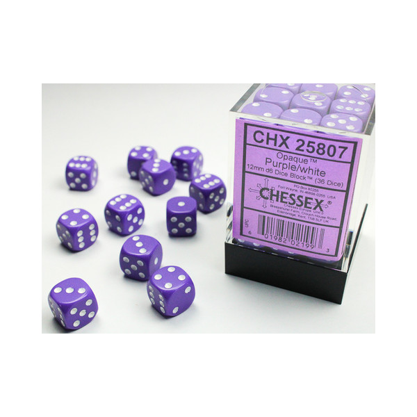 Opaque 12mm D6 Purple/white Dice Block™ (36 dice)