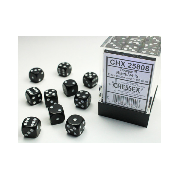 Opaque 12mm D6 Black/white Dice Block™ (36 dice)