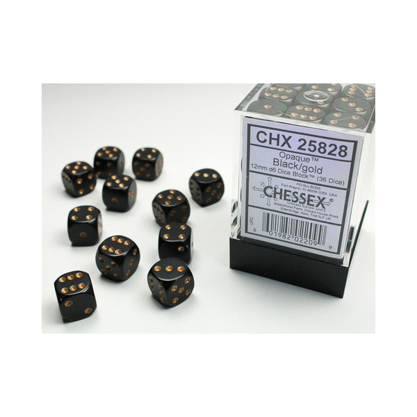 Opaque 12mm D6 Black/gold Dice Block™ (36 dice)