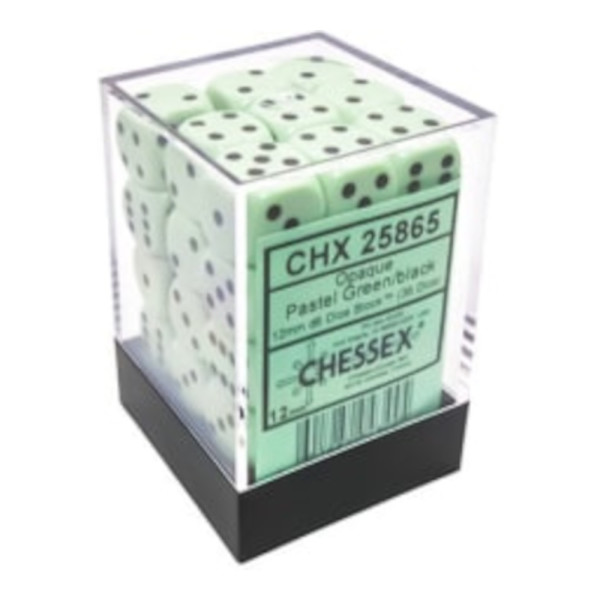 Opaque 12mm D6 Pastel Green/black Dice Block™ (36 dice)